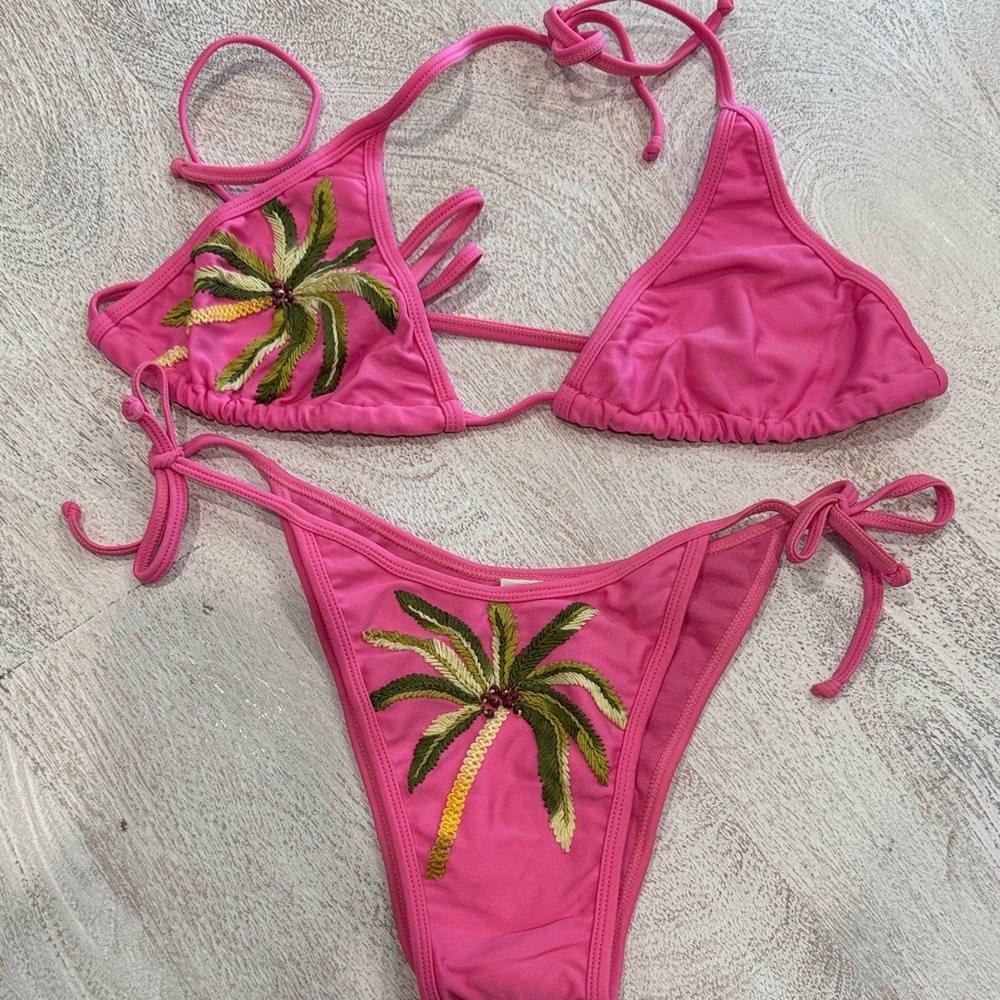 Brazilian Pink Bikini with Palm Tree Embroidery